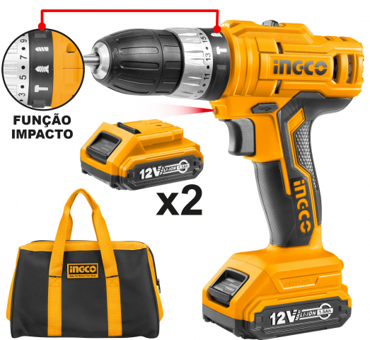 Furadeira Parafusadeira Com Impacto 12v Biv Ø 3/8" Ingco